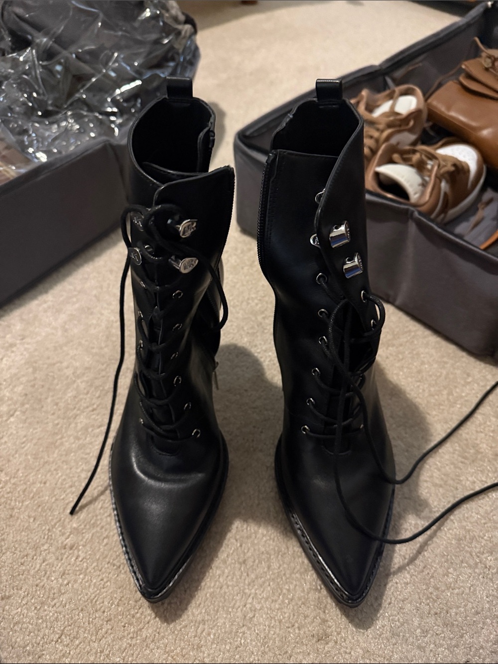 Black Lace-Up Pointed Toe Ankle Boots